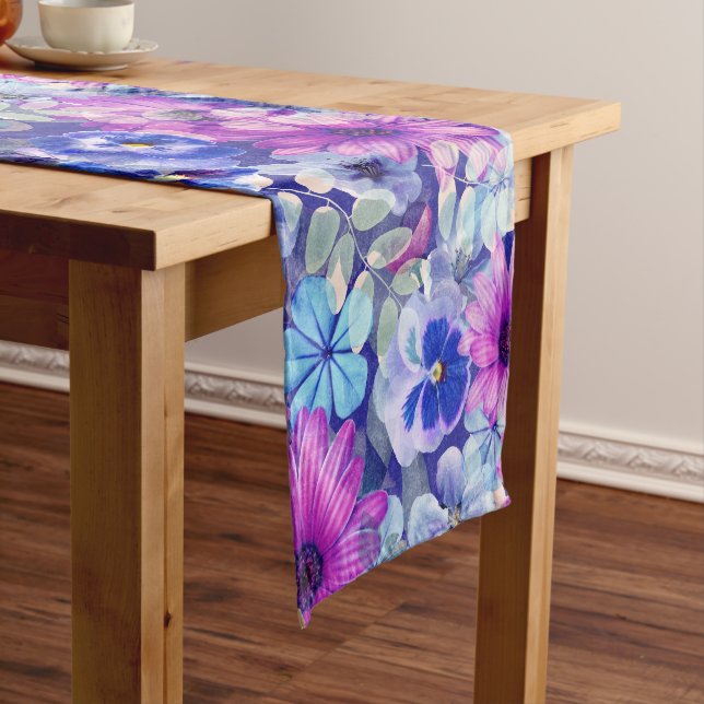 Pink Magenta Blue Floral Pattern Short Table Runner (In Situ)