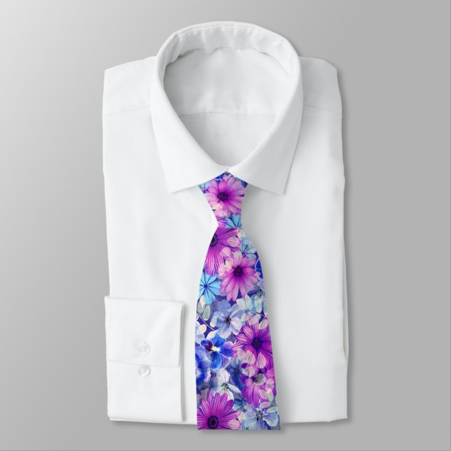 Pink Magenta Blue Floral Pattern  Tie (Tied)