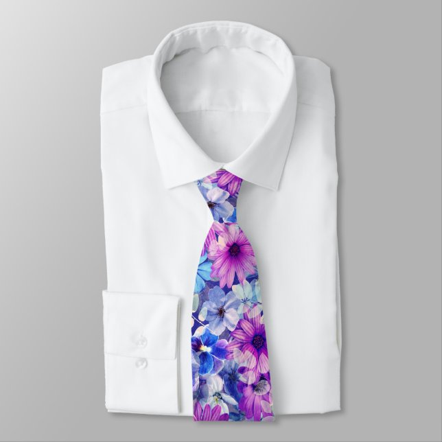 Pink Magenta Blue Floral Pattern Tie (Tied)