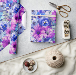 Pink Magenta Blue Floral Pattern Wrapping Paper