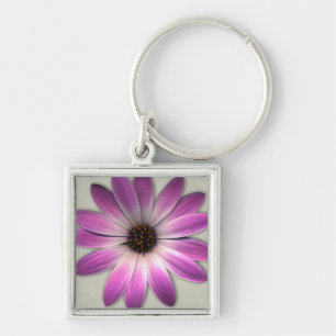 Pink Magenta Daisy on Cream Leather Print Key Ring