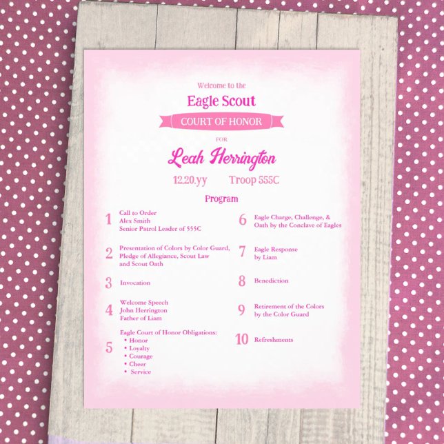 Pink & Magenta Eagle Court of Honour Program Flyer (Pink eagle scout court of honor ceremony program flyer, decorative pink banner ribbon design)