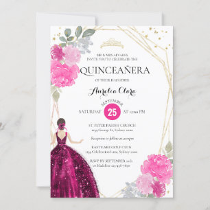 Pink Magenta Floral Geometric Photo Quinceañera Invitation