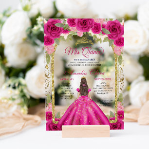 Pink Magenta Floral Princess Gold Arch Quinceanera Acrylic Invitations