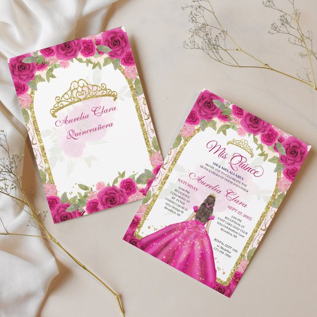 Pink Magenta Floral Princess Gold Arch Quinceanera Invitation (Creator Uploaded)