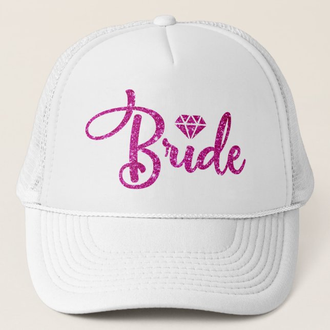 Pink Magenta Glitter Custom Bridal White Bride Hat (Front)