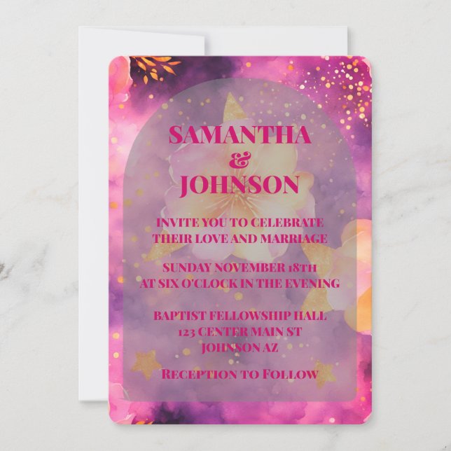 Pink Magenta Gold Romantic Floral Wedding  Invitation (Front)