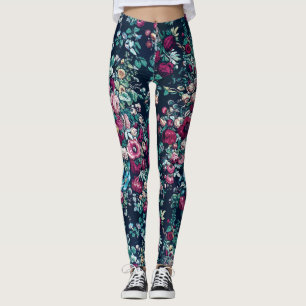 Pink Magenta Green Blue Teal Peony & Rose Flowers Leggings