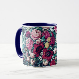 Pink Magenta Green Blue Teal Peony & Rose Flowers Mug