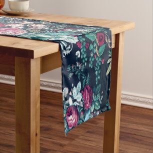 Pink Magenta Green Blue Teal Peony & Rose Flowers Short Table Runner