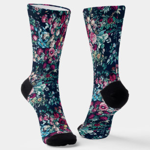Pink Magenta Green Blue Teal Peony & Rose Flowers Socks
