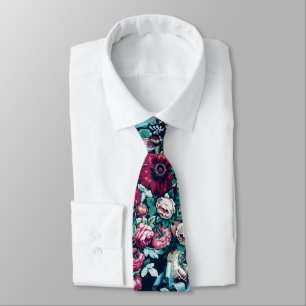 Pink Magenta Green Blue Teal Peony & Rose Flowers Tie