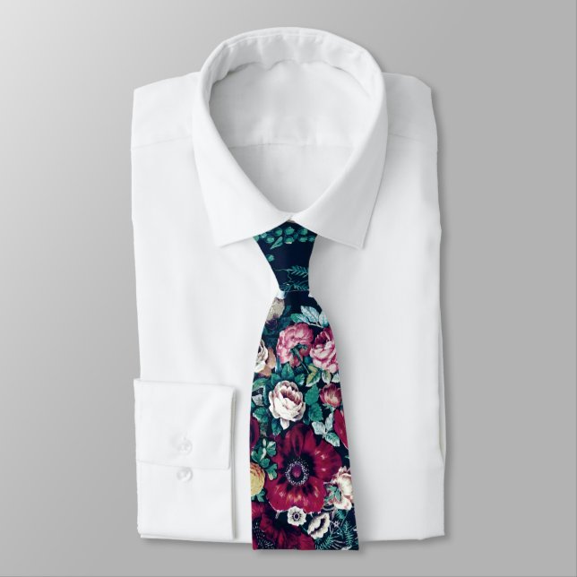 Pink Magenta Green Blue Teal Peony & Rose Flowers Tie (Tied)
