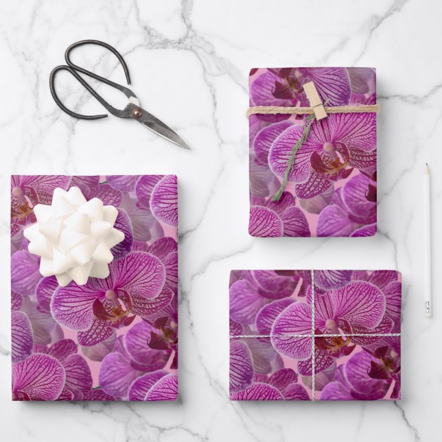 Pink Magenta Orchid Flowers Pattern Wrapping Paper Sheet (Front)