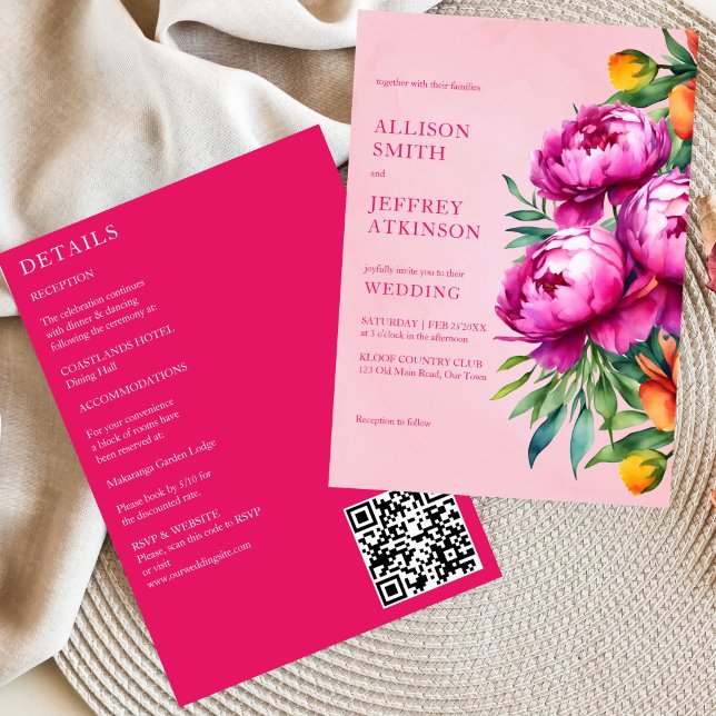 Pink magenta peonies all in one wedding template (Pink magenta peonies all in one wedding editable template invitation digital download floral blooms)