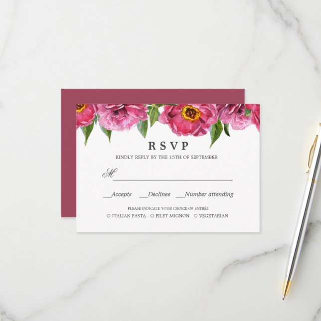 Pink Magenta Peonies WEDDING RSVP MEAL CHOICE Card (Front/Back In Situ)