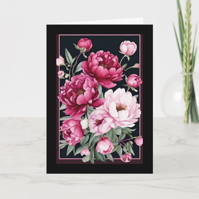 Pink & Magenta Peonies with Frame Birthday Card (Front)