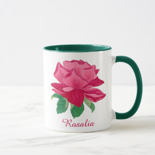 Pink Magenta Rose Flower & Greeen Leaves Monogram Mug