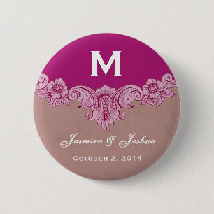 Pink Magenta Vintage Custom Monogram Wedding 6 Cm Round Badge