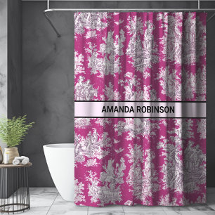 Pink Magenta Vintage Toile de Jouy Floral Monogram Shower Curtain