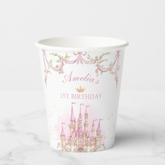 Pink Magic Princess Castle Birthday Paper Cups (Front)