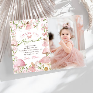 Pink Magical Mushroom Fairy Birthday Photo Thank You Card