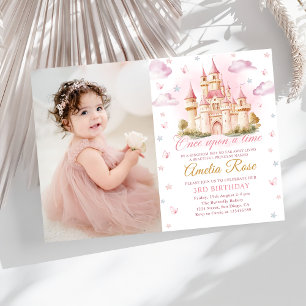 Pink Magical Princess Castle Birthday Photo Invitation