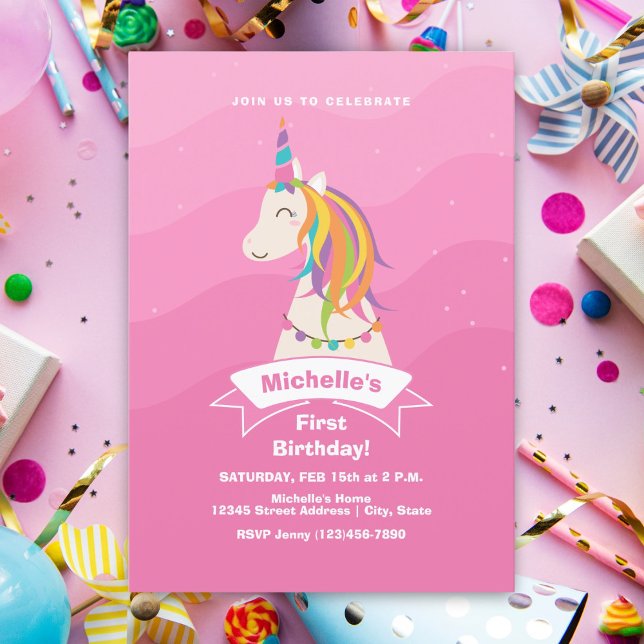 Pink Magical Rainbow Unicorn Baby 1st Birthday Invitation (Creator Uploaded)
