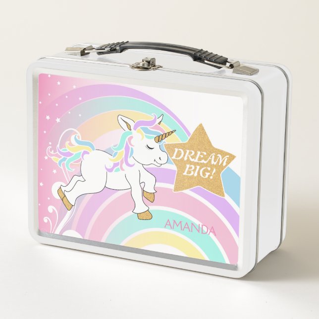 Pink Magical Rainbow Unicorn - Dream Big Metal Lunch Box (Front)