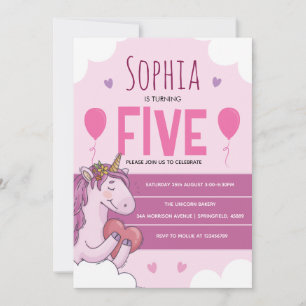 Pink Magical Unicorn 5th Birthday Party Invitation