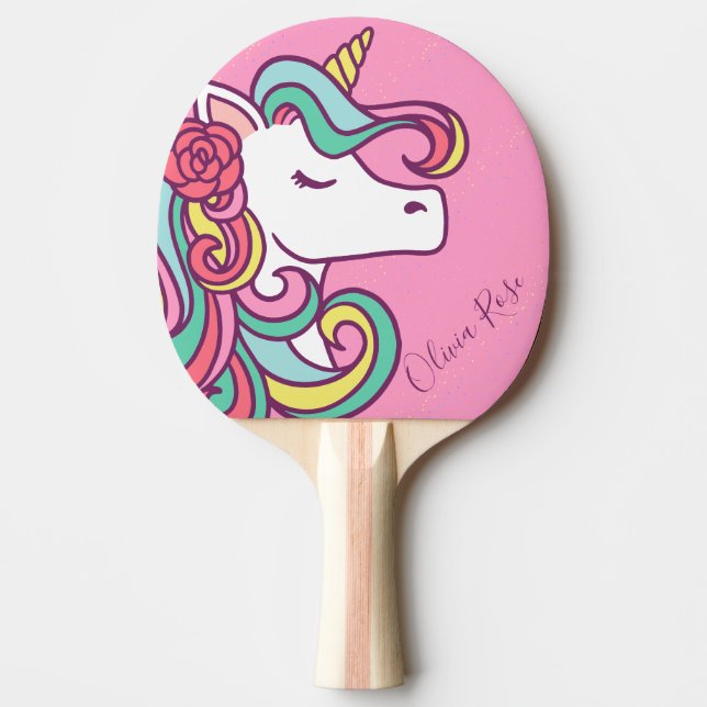 Pink Magical Unicorn Gold Glitter Personalised  Ping Pong Paddle (Front)
