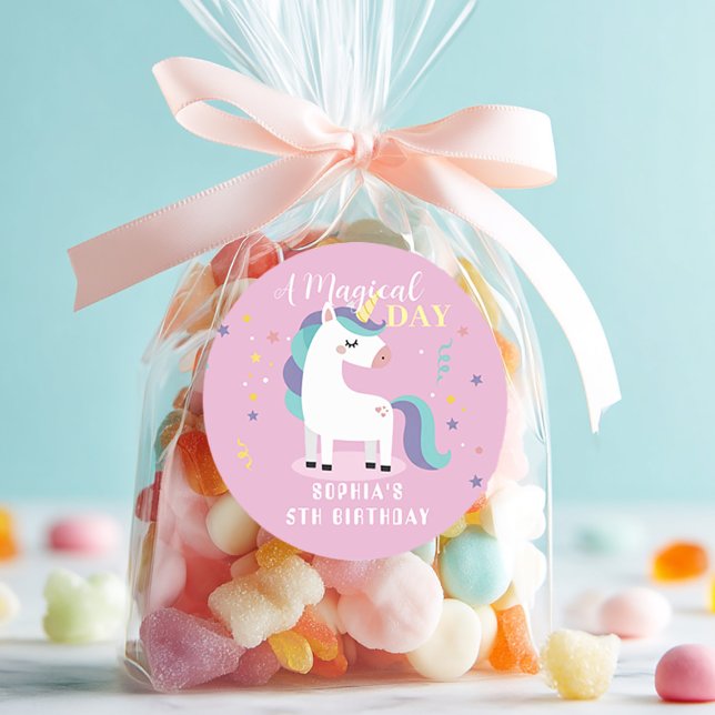 Pink Magical Unicorn Party Classic Round Sticker (Creator Uploaded)