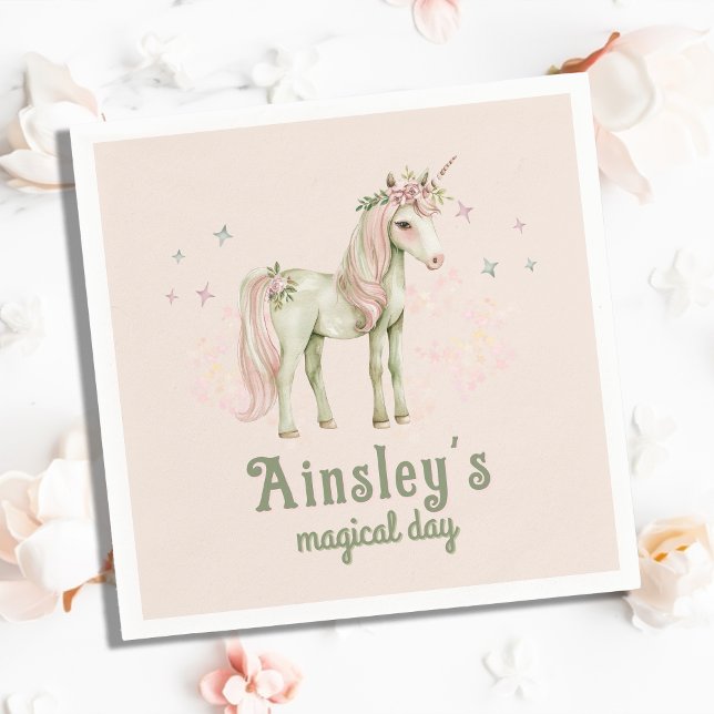Pink Magical Unicorn Personalised Birthday Napkin (Creator Uploaded)