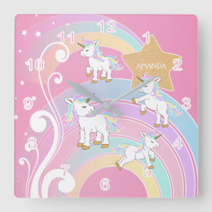 Pink Magical 🦄 Unicorn Square Wall Clock