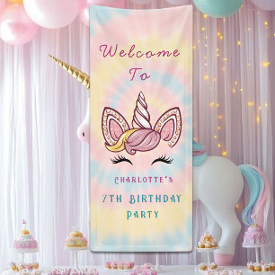 Pink Magical unicorn tie dye gold glitter birthday Banner