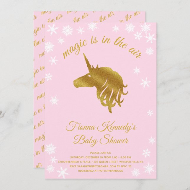 Pink Magical Unicorn Winter Baby Shower Invitation (Front/Back)