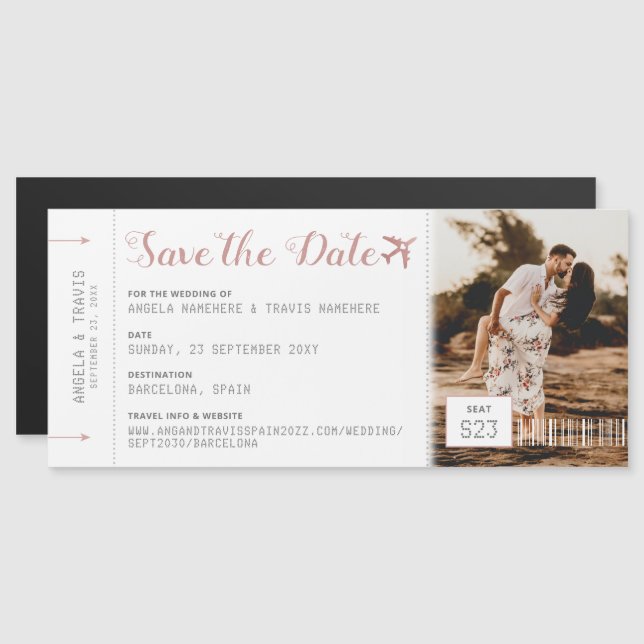Pink Magnetic Boarding Pass Ticket Save the Date (Front/Back)
