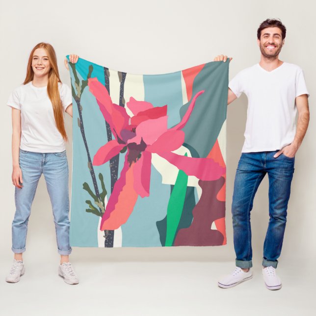 Pink Magnolia Abstract Floral Colour Blocks Home Fleece Blanket (In Situ)