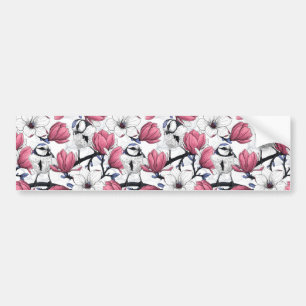 Pink magnolia and blue tit birds bumper sticker