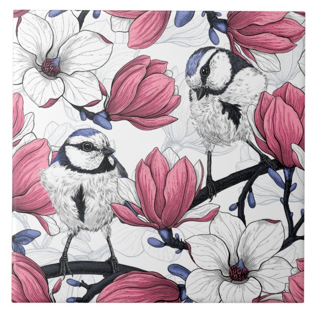 Pink magnolia and blue tit birds ceramic tile (Front)