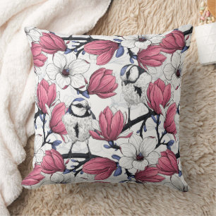 Pink magnolia and blue tit birds cushion