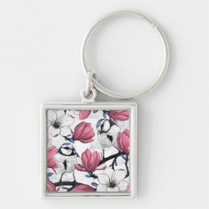 Pink magnolia and blue tit birds key ring
