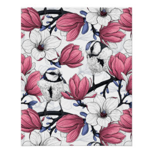 Pink magnolia and blue tit birds poster