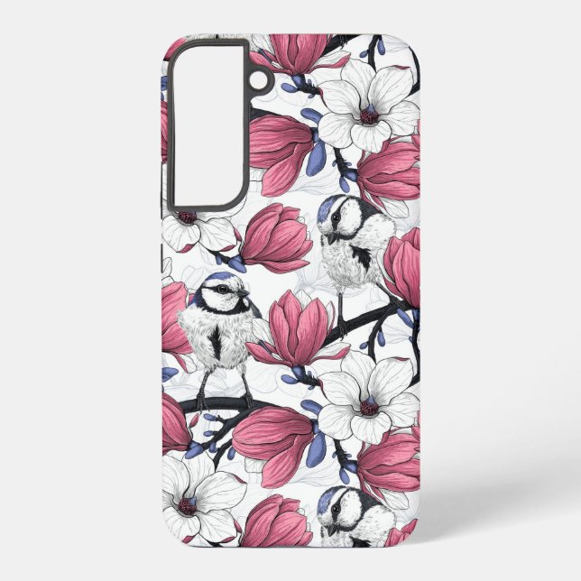 Pink magnolia and blue tit birds samsung galaxy s22+ case (Back)