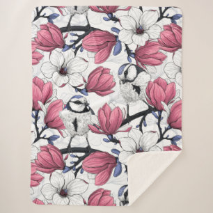 Pink magnolia and blue tit birds sherpa blanket