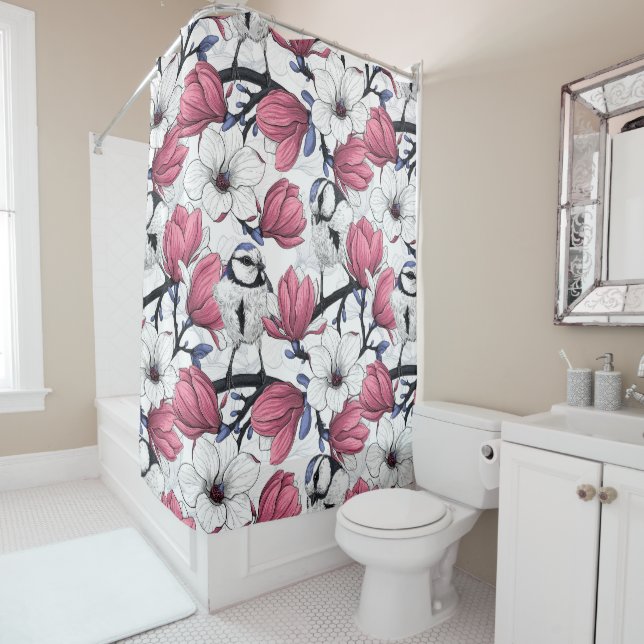 Pink magnolia and blue tit birds shower curtain (In Situ)