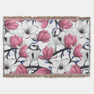 Pink magnolia and blue tit birds throw blanket