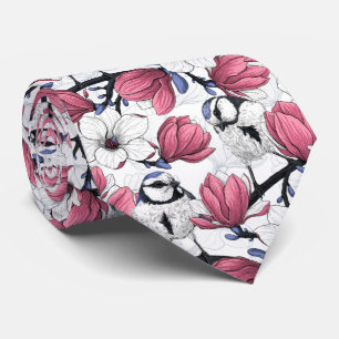 Pink magnolia and blue tit birds tie