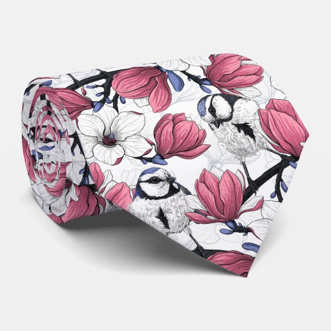 Pink magnolia and blue tit birds tie (Rolled)