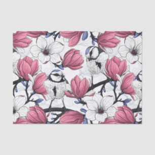 Pink magnolia and blue tit birds tissue paper